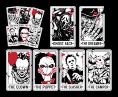 four different playing cards with the faces of clowns and zombies on them, all in black