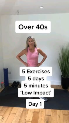 a woman standing in front of a yoga mat with the words over 40s on it