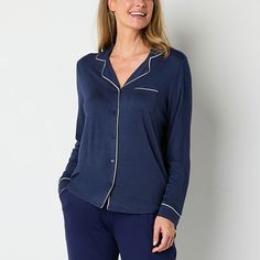 If you sleep hot, this Liz Claiborne Cool and Calm women�s pajama top will be a welcome addition to your nighttime wardrobe. Made from soft breathable stretch-jersey with temperature control and moisture-wicking technology for a cool, peaceful rest, this pajama shirt has a button-front closure, piped trims, a relaxed-fit and a chest pocket. Team it with the matching pajama pants from the collection.Closure Type: ButtonNeckline: Collar NeckPockets: 1 Chest Slip PocketSleeve Length: Long SleeveSle Matching Pajama Pants, Matching Pajama, Matching Pajamas, Pajama Shirt, Pajama Top, Long Sleeve Pyjamas, Temperature Control, Liz Claiborne, Pajamas Women