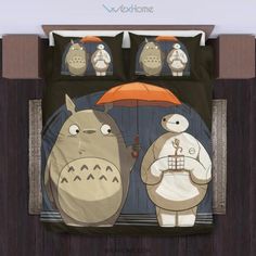 a bed with two cartoon characters on it and an orange umbrella in the background,