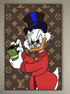 a painting of a duck wearing a top hat and holding a money bill in one hand