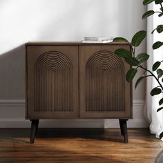 a wooden cabinet sitting on top of a hard wood floor next to a potted plant