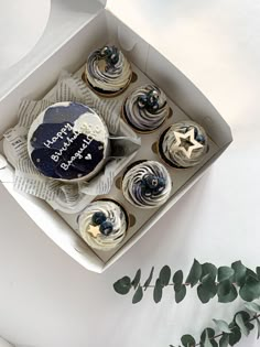 cupcakes with blue frosting in a white box