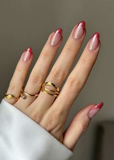 Red Chrome Manicure, Red Tip Nails With Chrome, Cherry Chrome French Tip Nails, Almond Red French Tip Nails With Chrome, Pink And Red Nails French Tip, Chrome Red Nails French Tip, Red French Nails With Chrome, Red French Tip Cherry Nails, Red French Nails Chrome