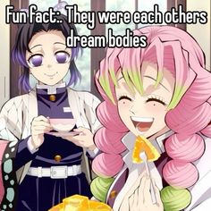 two girls with pink hair are eating pizza and text reads fun fact they were each others dream bodies