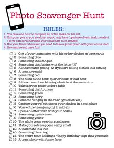 a photo scavenger hunt is shown with the words, rules and other things to do