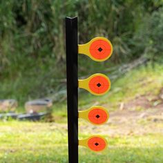 three arrows pointing in different directions on a pole with grass and trees in the background