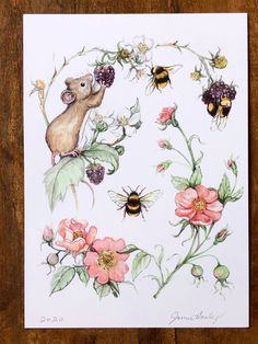 a drawing of some flowers and bees on a white paper with watercolor pencils