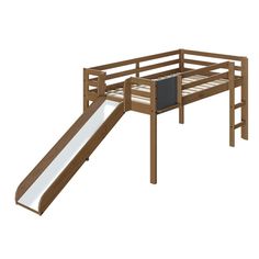 a wooden bunk bed with a slide next to it on top of a white background