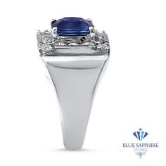 Perfect sturdy, sapphire ring Great as an engagement ring or anniversary present! This is a classic blue sapphire and diamond ring. Well cut and proportioned, flashy and clean. This design never really goes out of style. This design features a 2.82 carat vivid medium blue, cushion shaped blue sapphire set in 14K white gold and showcases 1.25 ctw of sparkling round diamonds which surround the center stone. This unique piece can demonstrate one's love and loyalty to another. All rings are in a sta Formal Blue Sapphire Ring Gia Certified, Formal Sapphire Ring With Diamond, Royal Blue Sapphire Ring For Formal Occasions, Royal Blue Sapphire Diamond Ring, Classic Blue Sapphire Ring For Formal Occasions, Modern Blue Sapphire Ring For Formal Occasions, Classic Royal Blue Sapphire Ring For Formal Occasions, Polished Finish Sapphire Ring, Formal Polished Sapphire Ring