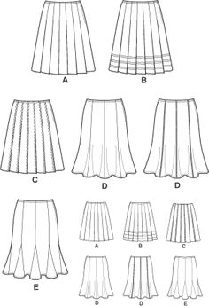 the skirt pattern is shown in several different ways, including pleating and gathered at the waist