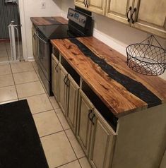 a kitchen counter made out of wood and metal