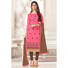 Created specifically for fashion elites, this dark pink chanderi silk churidar suit surely deserves a special place in your wardrobe. This round neck and 3/4th sleeve party wear suit is embroidered with resham thread work. Paired with santoon churidar in light brown color with light brown nazneen dupatta. Churidar has plain. Dupatta perfectly formed using lace work. This churidar suit can be customized up to the maximum size available in inches 58. Suit Designs Indian Style, Chanderi Dress Material, Best Designer Sarees, Anarkali Suits Bollywood, Bollywood Dress, Salwar Kamiz, Stylish Suit, Patiala Salwar