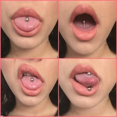 four pictures of a woman's lips with piercings on them