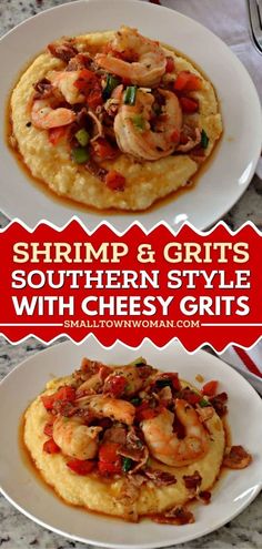 Don't miss out on these shrimp and grits, southern style! Served over a bed of creamy cheddar grits, they're a delicious, easy meal the whole family will love. Try this simple dinner recipe! Grits And Shrimp Recipes Easy, Gourmet Shrimp And Grits, Good Southern Meals Dinners, Gravy For Shrimp And Grits, Pioneer Woman Shrimp And Grits, Savory Shrimp And Grits, Salmon Patties And Grits, Shrimp And Grit Cakes Recipe, Shrimp Snd Grits Recipe