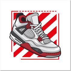 AJ 4 Retro Fire Red Sneaker -- Choose from our vast selection of art prints and posters to match with your desired size to make the perfect print or poster. Pick your favorite: Movies, TV Shows, Art, and so much more! Available in mini, small, medium, large, and extra-large depending on the design. For men, women, and children. Perfect for decoration. Air Jordan Art, Sneaker Wall, Jordan Art, Sneaker Posters, Jordan 23, Red Sneakers, Red Fire, Tufted Rug, Graffiti Art