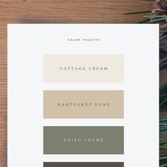 the color palette for cottage cream, nantucret dune and dried thyme