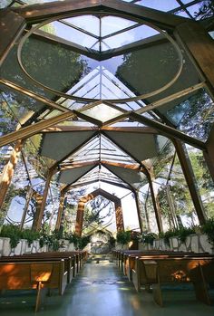 the inside of a building with benches and plants