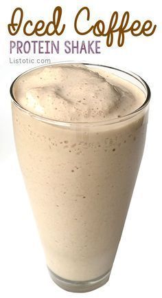 an iced coffee drink in a glass with the words protein shake written above it and below