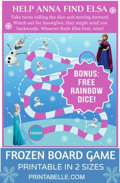 the frozen board game is available in 2 sizes and includes free printables for all ages