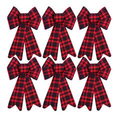 six red and black buffalo plaid bows with one large bow on each side, set against a white background