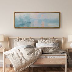 a bed with two nightstands and a painting on the wall above it in a bedroom