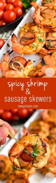 grilled shrimp and sausage skewers with tomatoes in the background