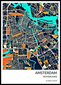 an illustrated map of amsterdam with the streets and roads in blue, orange and white