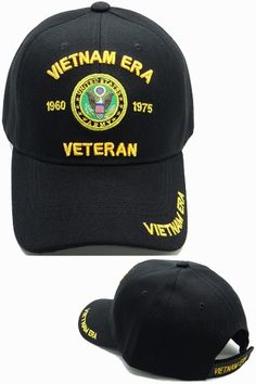 US ARMY Vietnam ERA Veteran Hat, 1960 to 1975 Embroidered letters Celebrates the service of Vietnam ERA Veterans Adjustable strap to fit most adults, men and some women Pre-curved bill. Structured, mid-profile crown, button top and sewn eyelets for ventilation Durable, acrylic fabric that resists stains and fading. Easier to clean than cotton Black and gold colors Us Army Vietnam, Veteran Hats, Mens Cap, Embroidered Letters, Cap Mens, Army Veteran, Baseball Caps Mens, Vietnam Veterans, Acrylic Fabric