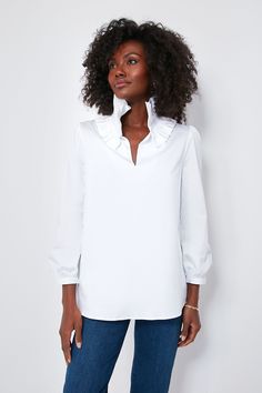 White Poplin Ruffle Neck Bouvier Blouse | Tuckernuck High Neck White Blouse, Colorful Clutch, Ruffle Neck Blouse, Cotton Poplin Fabric, High Neck Blouse, Bold Accessories, Plus And Minus, Winter Clothes, White Blouse