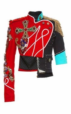 Red Cropped Jacket, Ropa Upcycling, Asymmetrical Jacket, Dolce Gabbana Jacket, Beaded Jacket, Embellished Jacket, Stage Costume, Moda Vintage, Kpop Fashion Outfits