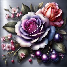 a painting of flowers and berries on a metal surface