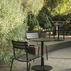 two chairs and a table on a patio with plants in the backgrounge