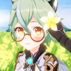 an anime character with green hair and glasses holding her hand up to her head, in front of a field