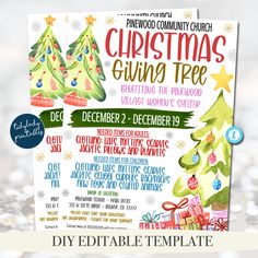 a christmas giving tree flyer is shown with the words, december and december on it