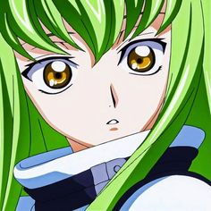 an anime character with green hair and yellow eyes looks at the camera while staring straight ahead