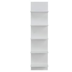 a tall white shelf with four shelves on each side