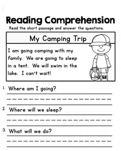 reading worksheet for the camping trip with an image of a boy and his dog