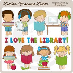 children with books and headphones reading cliparts, i love the library example image