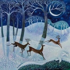 two deers running through the snow in front of trees and a moon at night