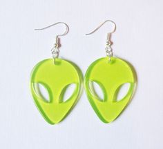 A pair of neon green alien earrings ♡ Each alien charm is 4cm  Comes with rubber earring backs Trendy Neon Yellow Earrings For Gifts, Design A Character, Neon 90s, Find My Aesthetic, Alien Earrings, Indie Kid Aesthetic, Harajuku Decora, Kidcore Indie, Kid Aesthetic