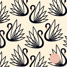 a black and white swan pattern on a beige background