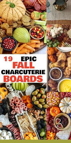 a collage of pictures with different types of food on it and the words epic fall charcuterie boards