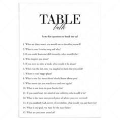 Printable Conversation Starter Table Talk Questions by LittleSizzle Wedding Table Questions, Table Questions Conversation Starters, Table Talk Questions For Women, Questions For Family Dinner Table, Table Topics Questions Toastmasters, Dinner Party Games For Adults At The Table, Talking Points Conversation Starters, Games For Dinner Parties, Womens Group Discussion Topics