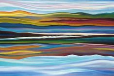 an abstract painting with blue, yellow and green colors on the water's surface