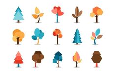 various trees with different colors and shapes on white background stock photo - image 34987