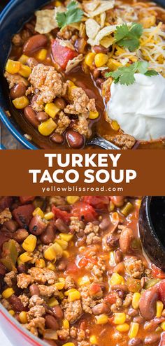 turkey taco soup in a blue bowl with sour cream on top