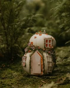 a small house made out of a pumpkin in the woods