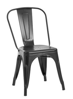 a black metal chair on a white background with the seat up and back turned down