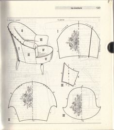 an open book with drawings of furniture and patterns on the pages, including a chair